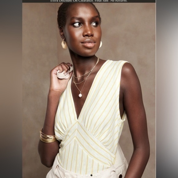 Banana Republic V Neck Sleeveless Tank top Yellow and White Striped - Picture 3 of 8